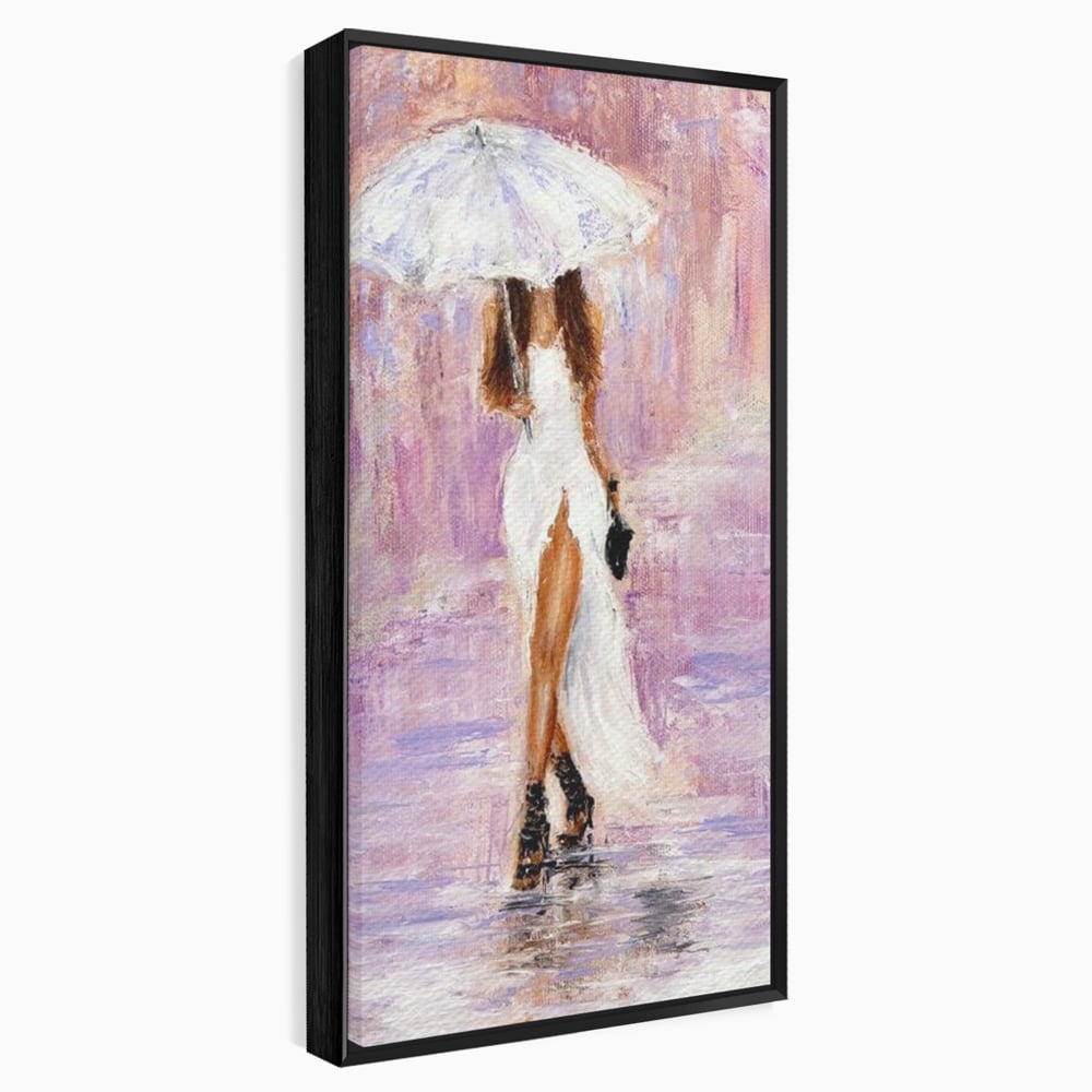 Tablou Canvas Premium LuxCanva® E1046, Femeia cu Umbrela Alba, Feminitate, Rafinament, Solitudine, Ploaie, Umbrela, Living Room, Culori vibrante