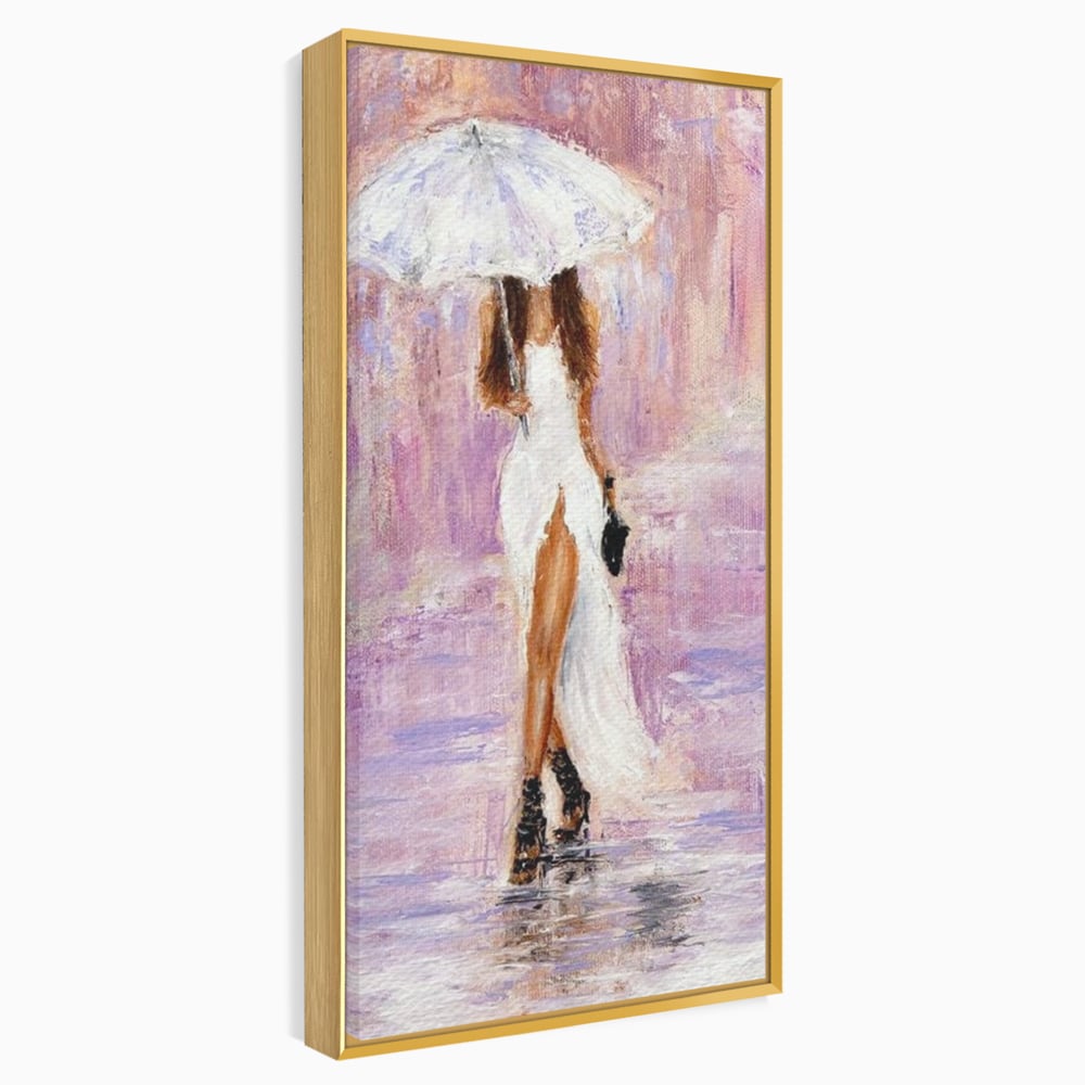 Tablou Canvas Premium LuxCanva® E1046, Femeia cu Umbrela Alba, Feminitate, Rafinament, Solitudine, Ploaie, Umbrela, Living Room, Culori vibrante