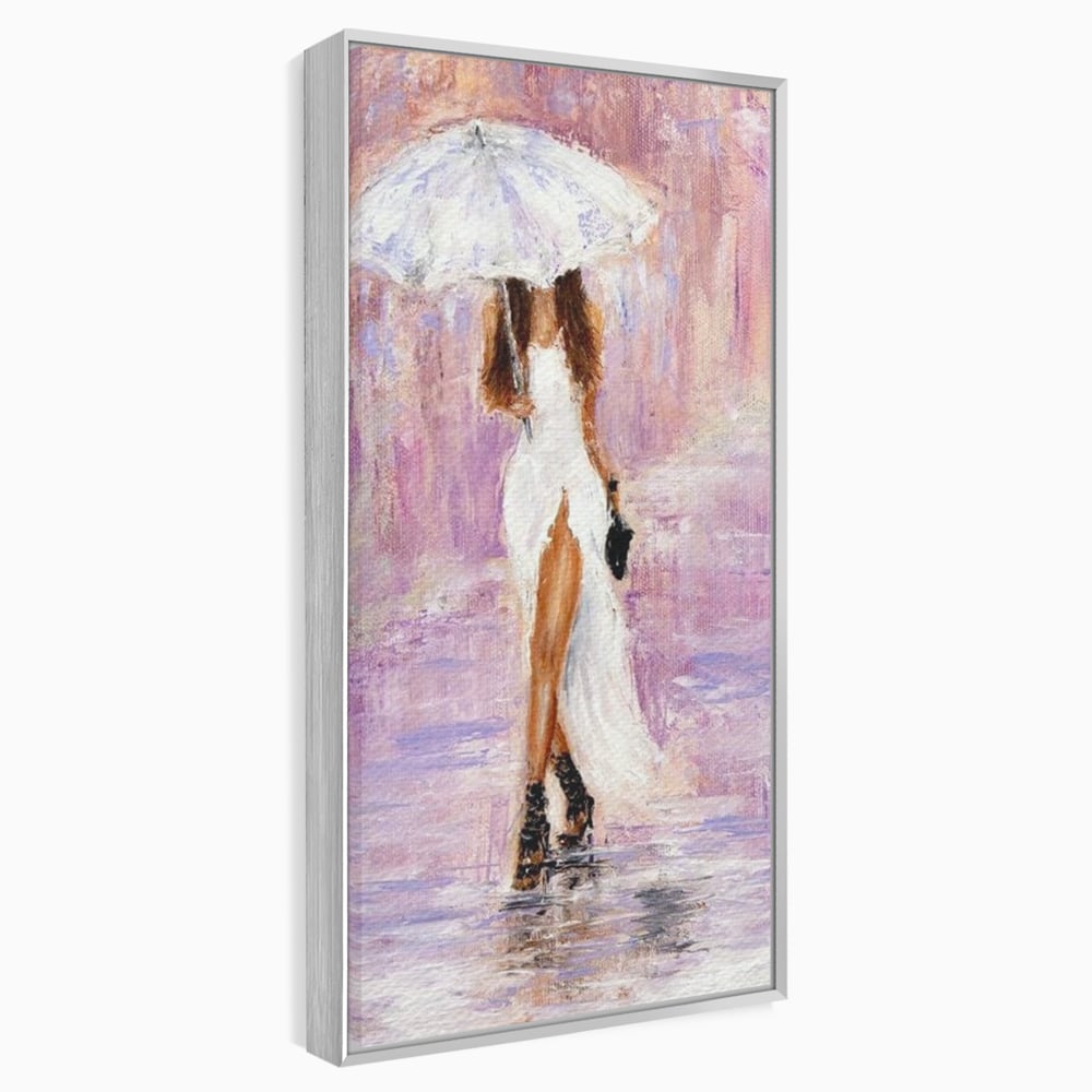 Tablou Canvas Premium LuxCanva® E1046, Femeia cu Umbrela Alba, Feminitate, Rafinament, Solitudine, Ploaie, Umbrela, Living Room, Culori vibrante