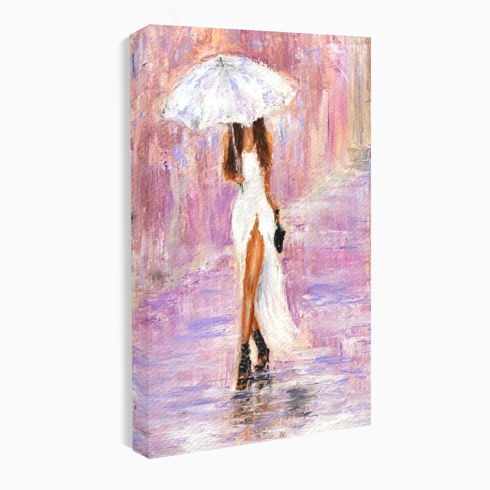 Tablou Canvas Premium LuxCanva® E1046, Femeia cu Umbrela Alba, Feminitate, Rafinament, Solitudine, Ploaie, Umbrela, Living Room, Culori vibrante