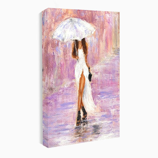 Tablou Canvas Premium LuxCanva® E1046, Femeia cu Umbrela Alba, Feminitate, Rafinament, Solitudine, Ploaie, Umbrela, Living Room, Culori vibrante