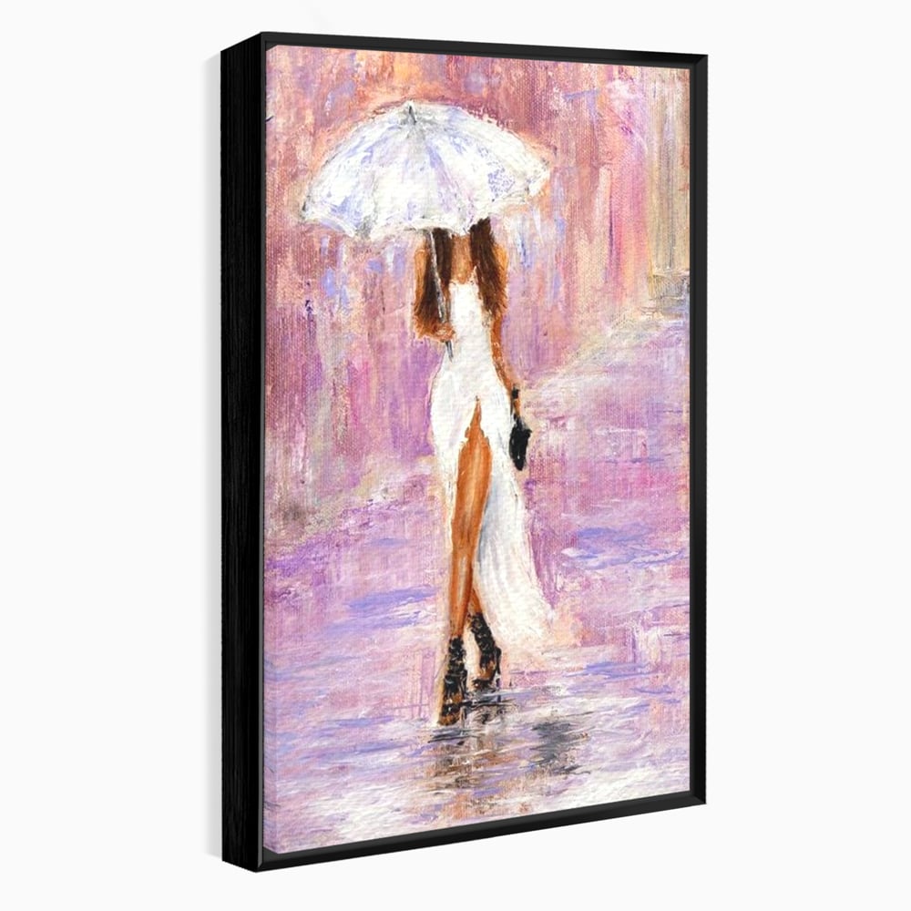 Tablou Canvas Premium LuxCanva® E1046, Femeia cu Umbrela Alba, Feminitate, Rafinament, Solitudine, Ploaie, Umbrela, Living Room, Culori vibrante