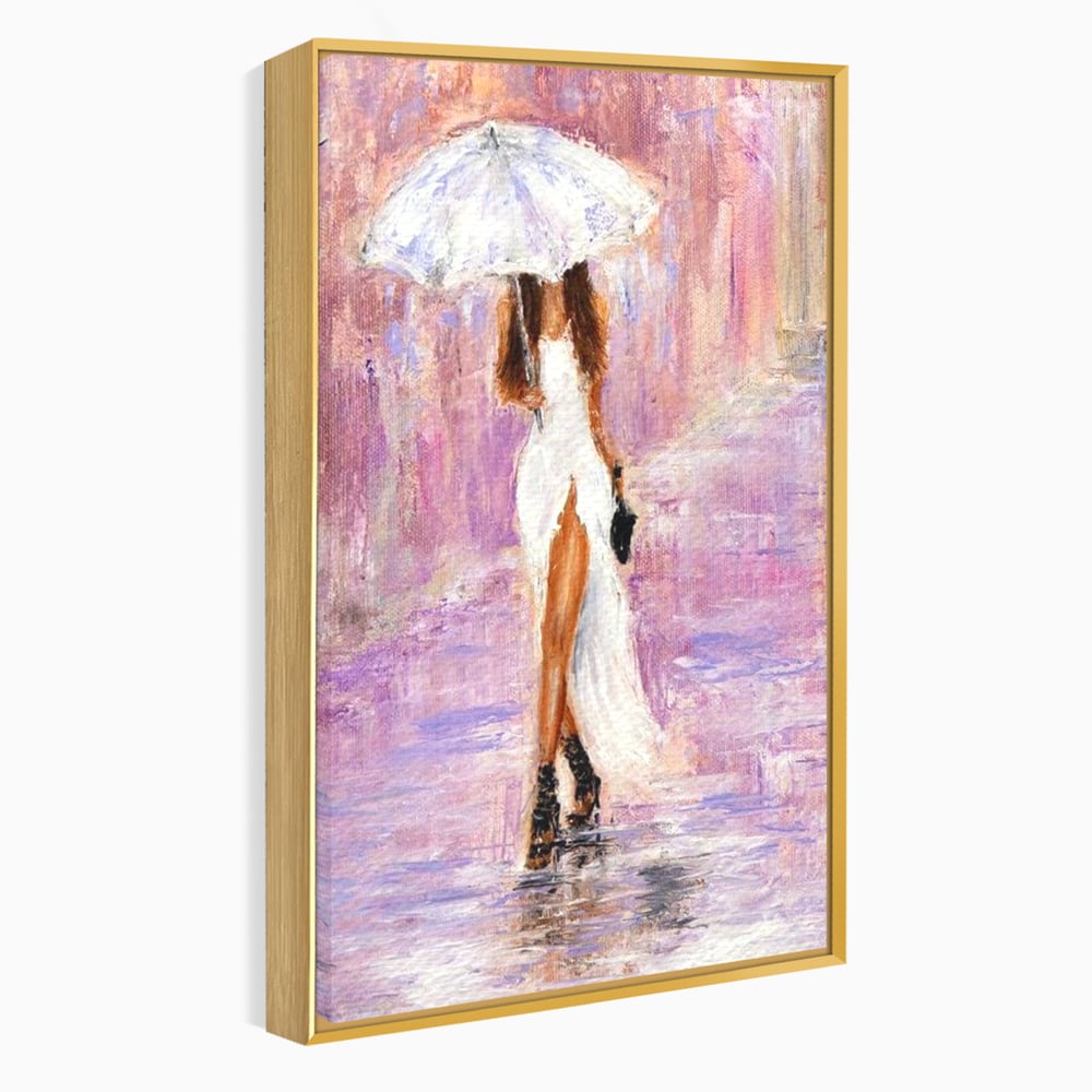 Tablou Canvas Premium LuxCanva® E1046, Femeia cu Umbrela Alba, Feminitate, Rafinament, Solitudine, Ploaie, Umbrela, Living Room, Culori vibrante