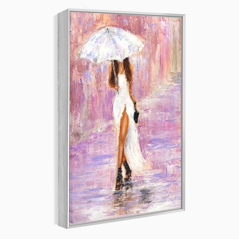 Tablou Canvas Premium LuxCanva® E1046, Femeia cu Umbrela Alba, Feminitate, Rafinament, Solitudine, Ploaie, Umbrela, Living Room, Culori vibrante