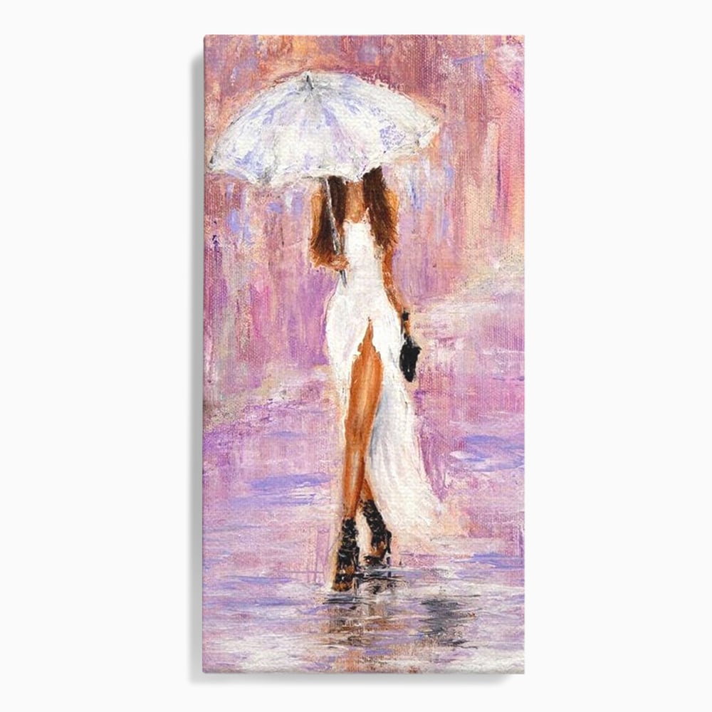 Tablou Canvas Premium LuxCanva® E1046, Femeia cu Umbrela Alba, Feminitate, Rafinament, Solitudine, Ploaie, Umbrela, Living Room, Culori vibrante