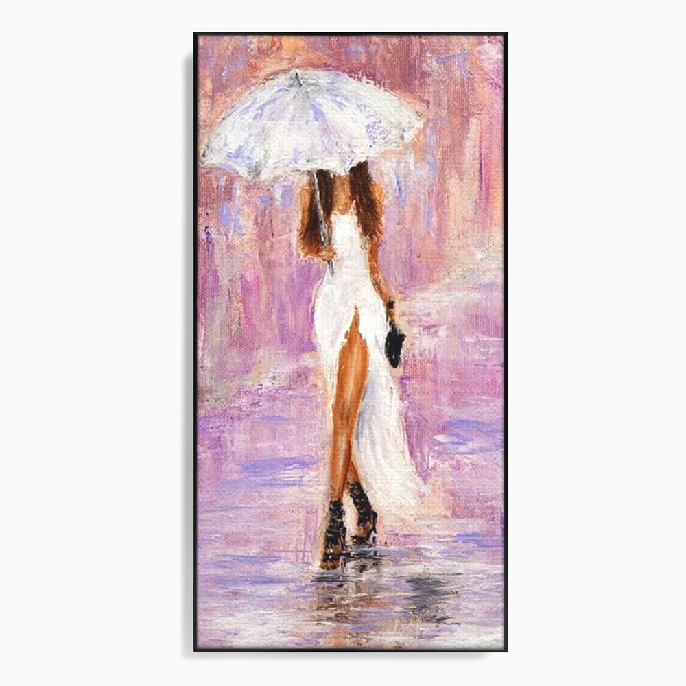 Tablou Canvas Premium LuxCanva® E1046, Femeia cu Umbrela Alba, Feminitate, Rafinament, Solitudine, Ploaie, Umbrela, Living Room, Culori vibrante
