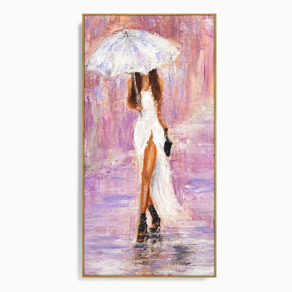 Tablou Canvas Premium LuxCanva® E1046, Femeia cu Umbrela Alba, Feminitate, Rafinament, Solitudine, Ploaie, Umbrela, Living Room, Culori vibrante