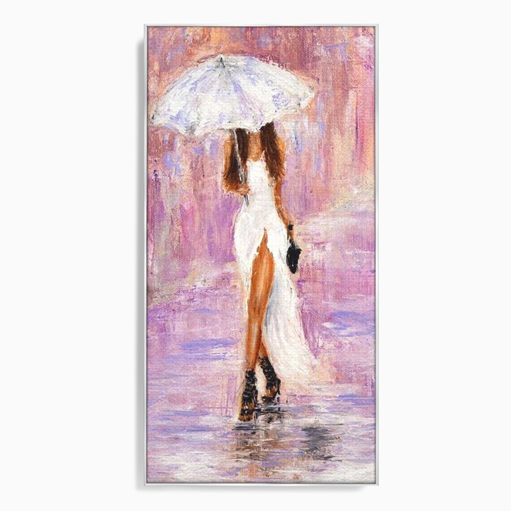 Tablou Canvas Premium LuxCanva® E1046, Femeia cu Umbrela Alba, Feminitate, Rafinament, Solitudine, Ploaie, Umbrela, Living Room, Culori vibrante