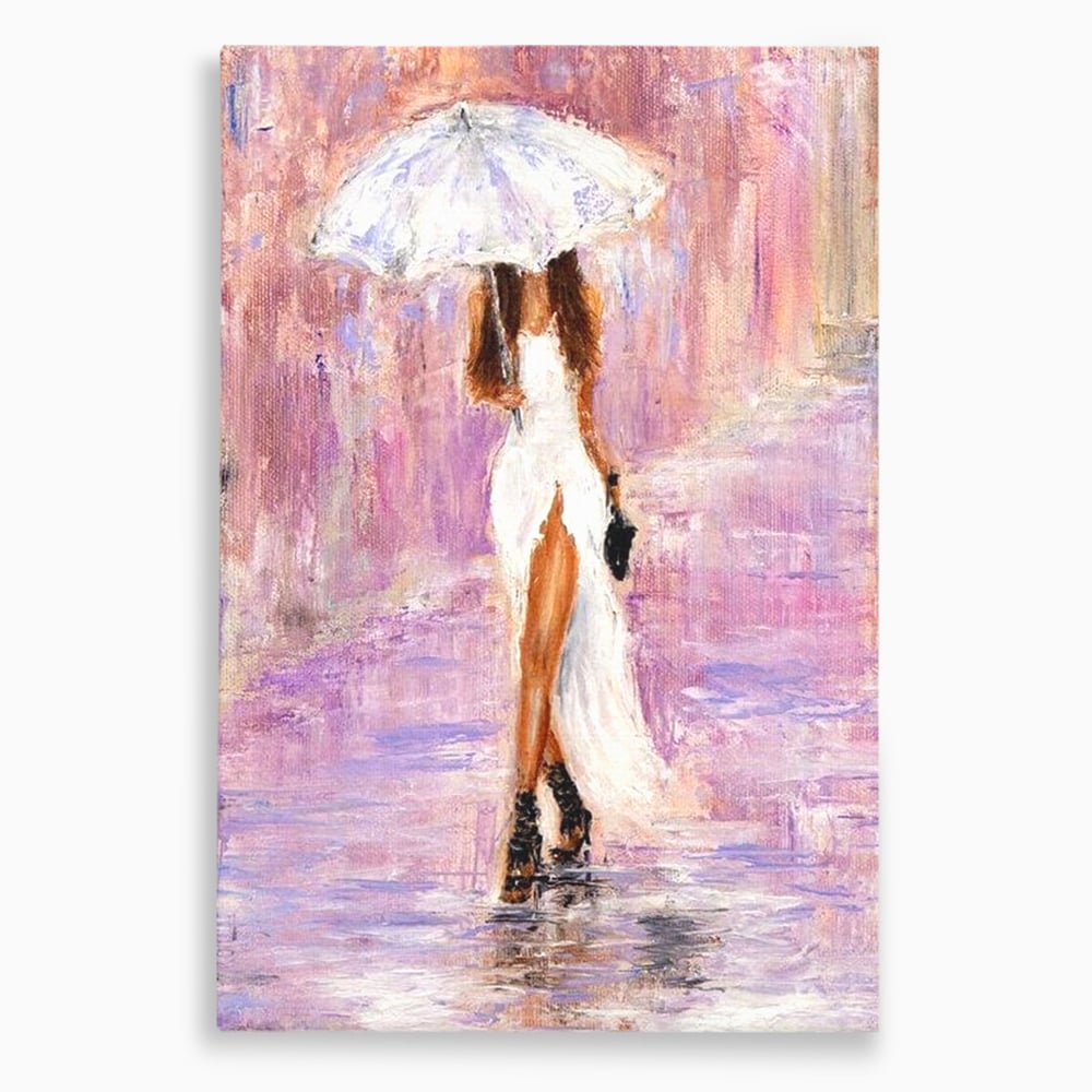 Tablou Canvas Premium LuxCanva® E1046, Femeia cu Umbrela Alba, Feminitate, Rafinament, Solitudine, Ploaie, Umbrela, Living Room, Culori vibrante