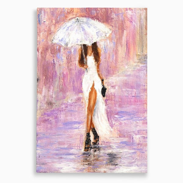 Tablou Canvas Premium LuxCanva® E1046, Femeia cu Umbrela Alba, Feminitate, Rafinament, Solitudine, Ploaie, Umbrela, Living Room, Culori vibrante