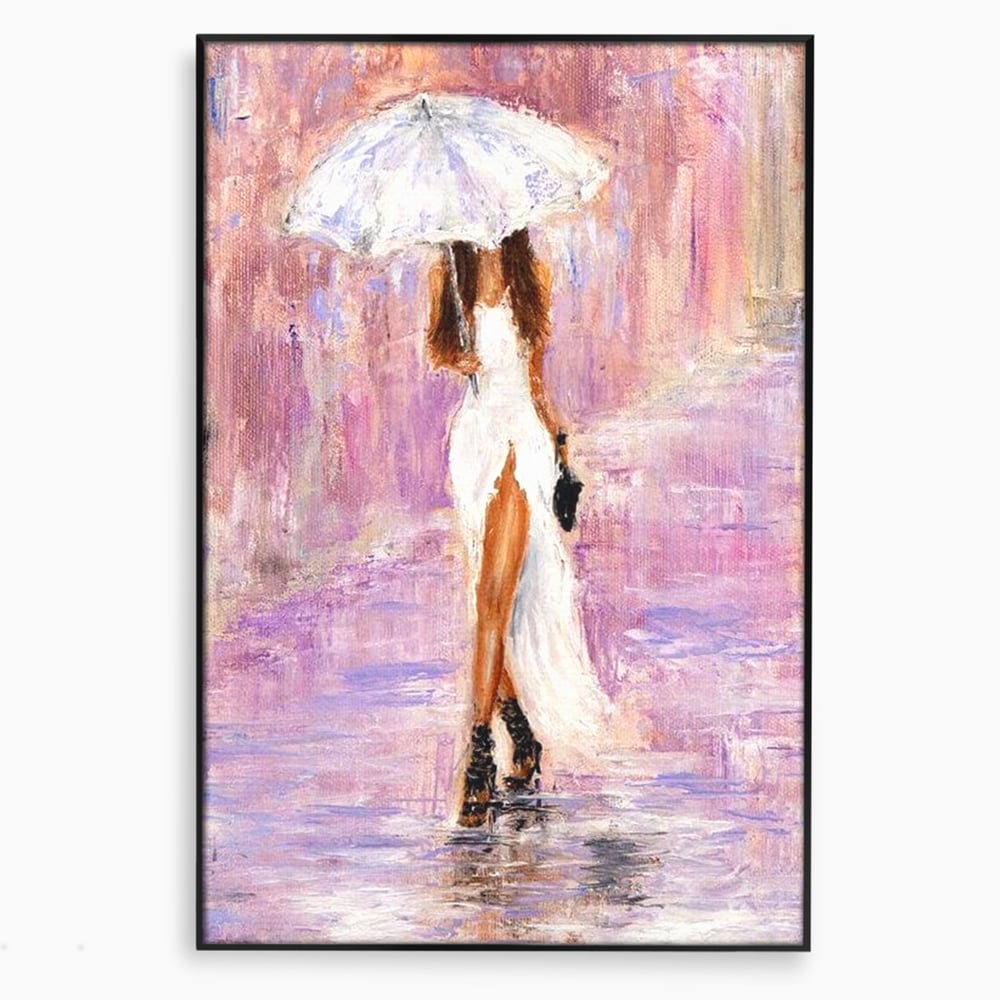 Tablou Canvas Premium LuxCanva® E1046, Femeia cu Umbrela Alba, Feminitate, Rafinament, Solitudine, Ploaie, Umbrela, Living Room, Culori vibrante