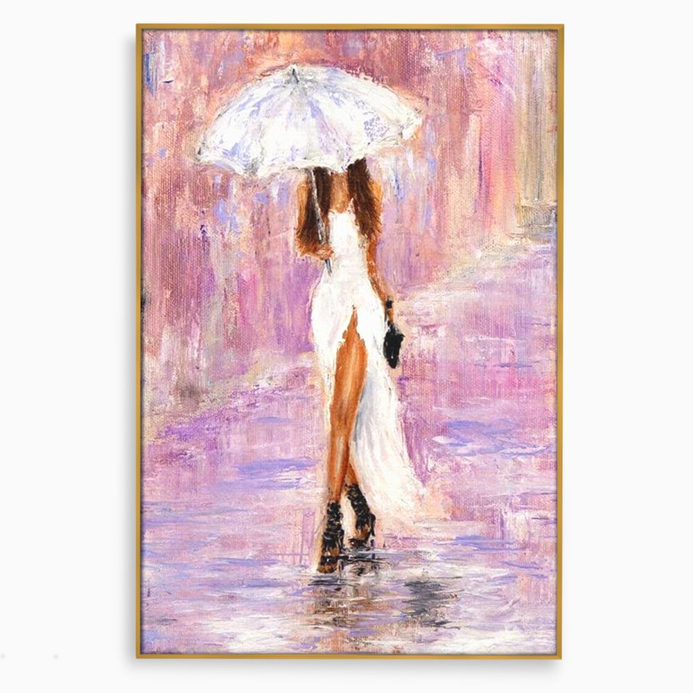 Tablou Canvas Premium LuxCanva® E1046, Femeia cu Umbrela Alba, Feminitate, Rafinament, Solitudine, Ploaie, Umbrela, Living Room, Culori vibrante