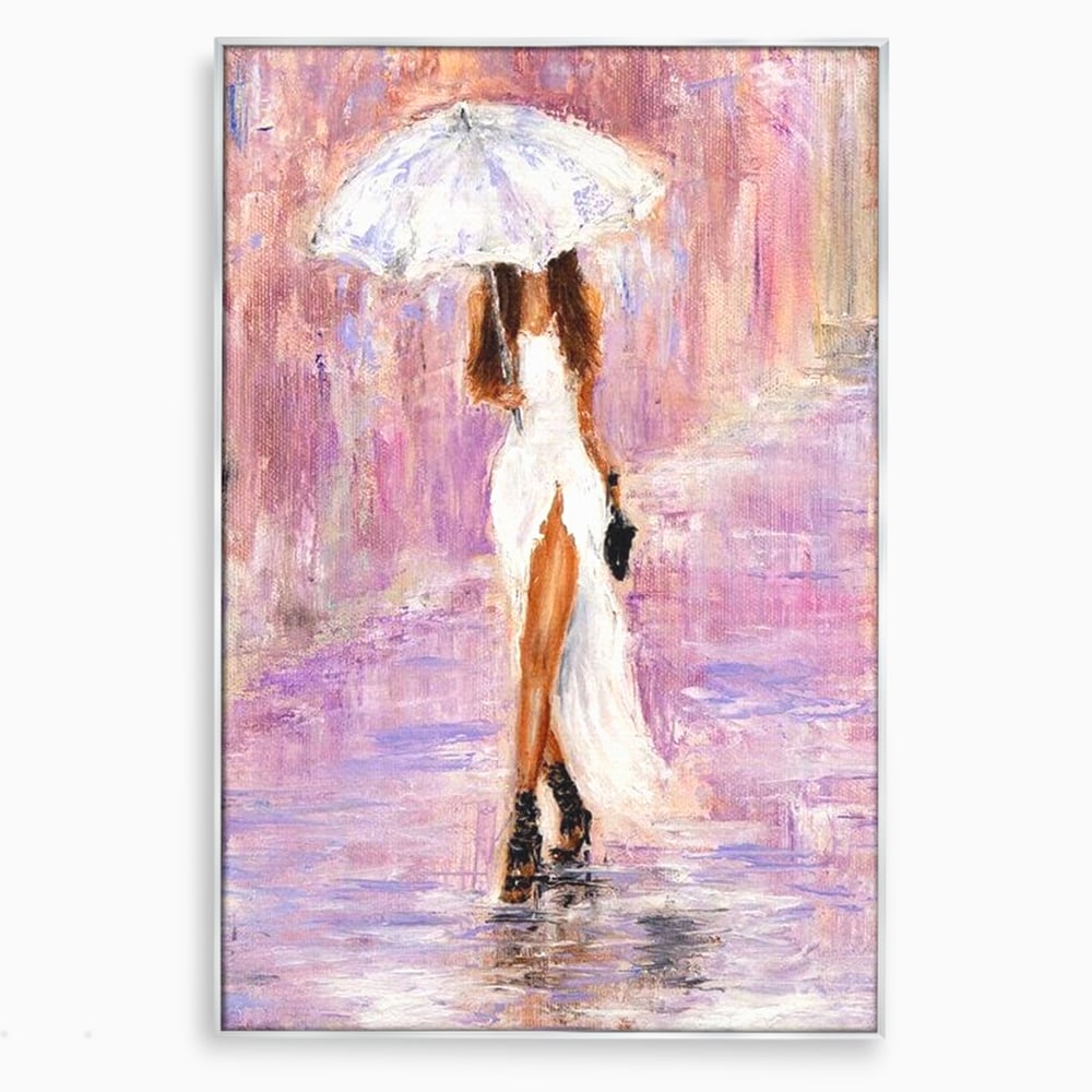 Tablou Canvas Premium LuxCanva® E1046, Femeia cu Umbrela Alba, Feminitate, Rafinament, Solitudine, Ploaie, Umbrela, Living Room, Culori vibrante