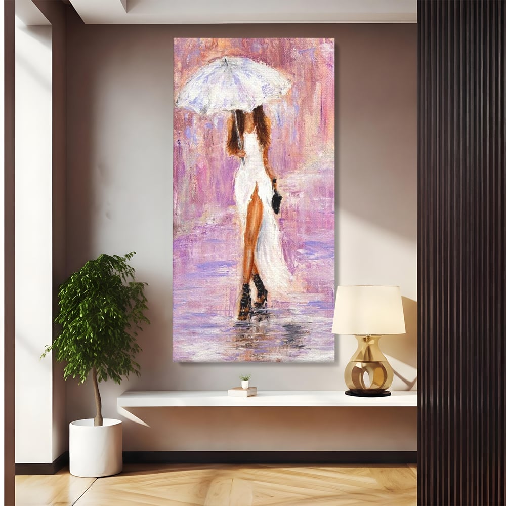 Tablou Canvas Premium LuxCanva® E1046, Femeia cu Umbrela Alba, Feminitate, Rafinament, Solitudine, Ploaie, Umbrela, Living Room, Culori vibrante