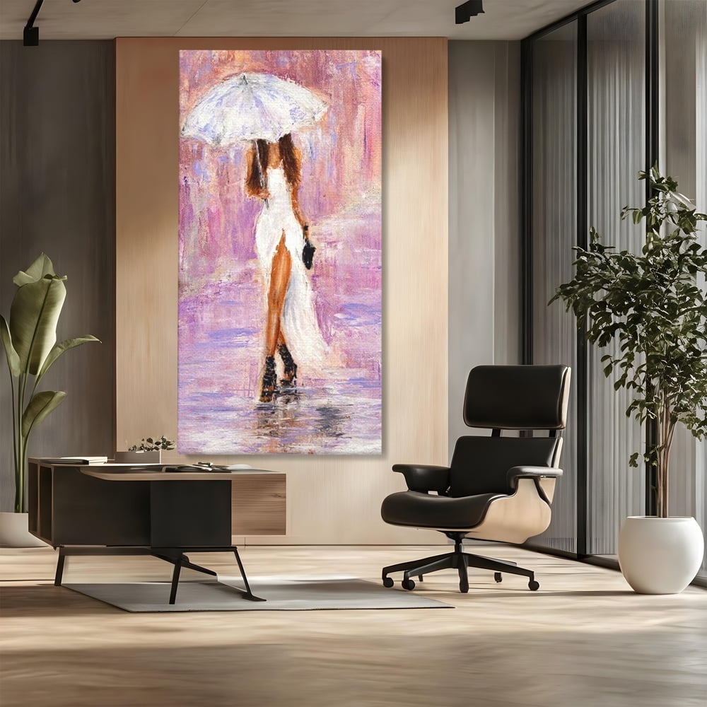 Tablou Canvas Premium LuxCanva® E1046, Femeia cu Umbrela Alba, Feminitate, Rafinament, Solitudine, Ploaie, Umbrela, Living Room, Culori vibrante