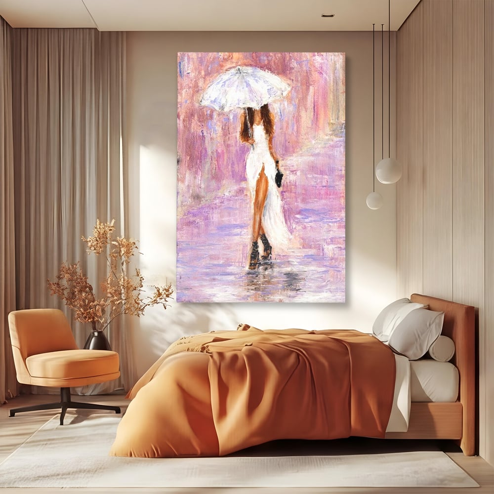 Tablou Canvas Premium LuxCanva® E1046, Femeia cu Umbrela Alba, Feminitate, Rafinament, Solitudine, Ploaie, Umbrela, Living Room, Culori vibrante