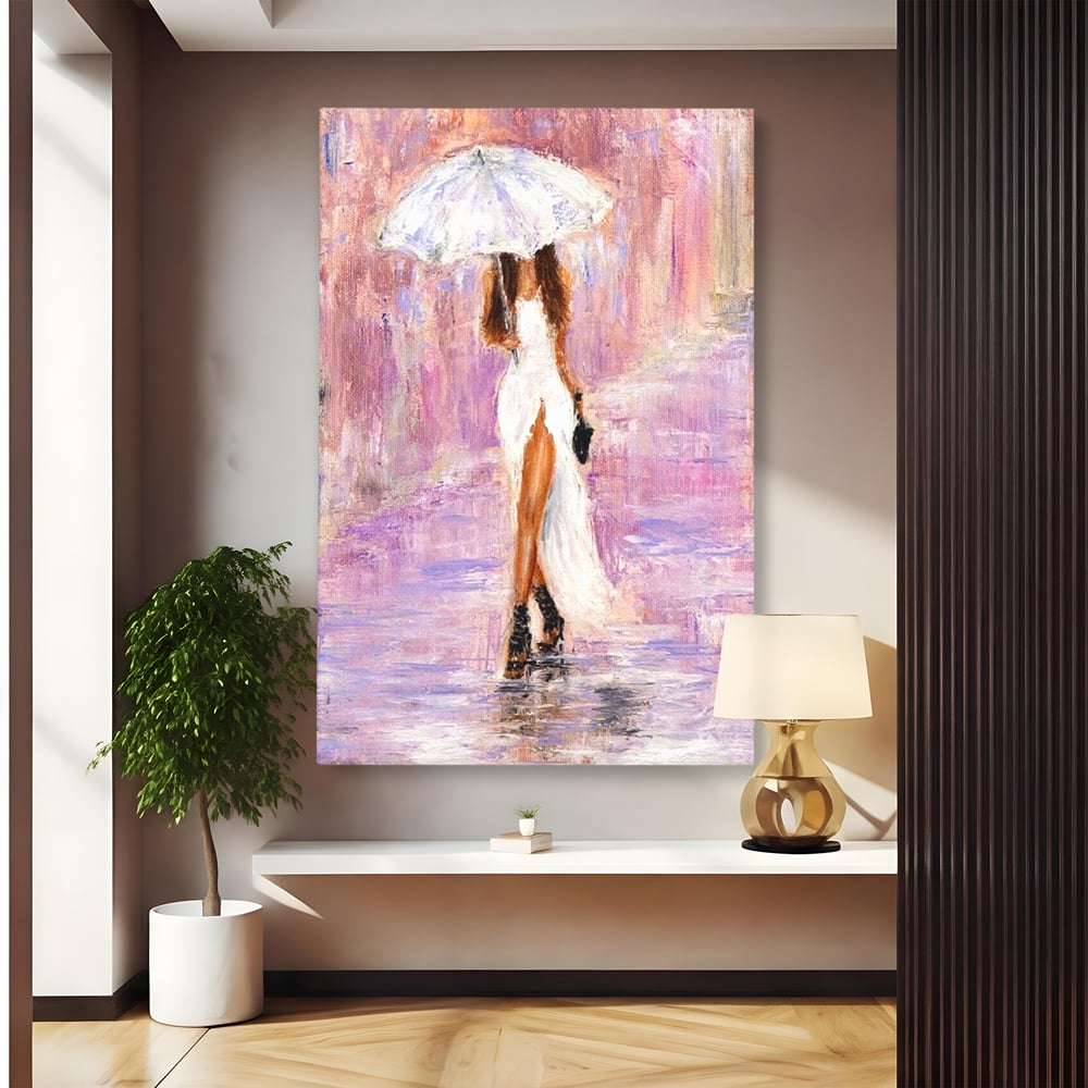 Tablou Canvas Premium LuxCanva® E1046, Femeia cu Umbrela Alba, Feminitate, Rafinament, Solitudine, Ploaie, Umbrela, Living Room, Culori vibrante