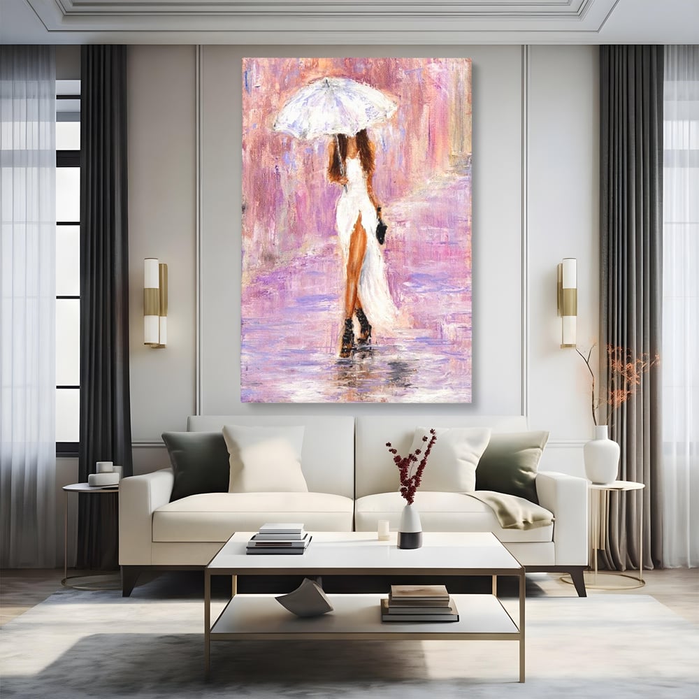 Tablou Canvas Premium LuxCanva® E1046, Femeia cu Umbrela Alba, Feminitate, Rafinament, Solitudine, Ploaie, Umbrela, Living Room, Culori vibrante