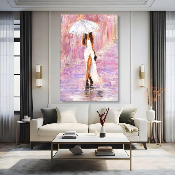 Tablou Canvas Premium LuxCanva® E1046, Femeia cu Umbrela Alba, Feminitate, Rafinament, Solitudine, Ploaie, Umbrela, Living Room, Culori vibrante
