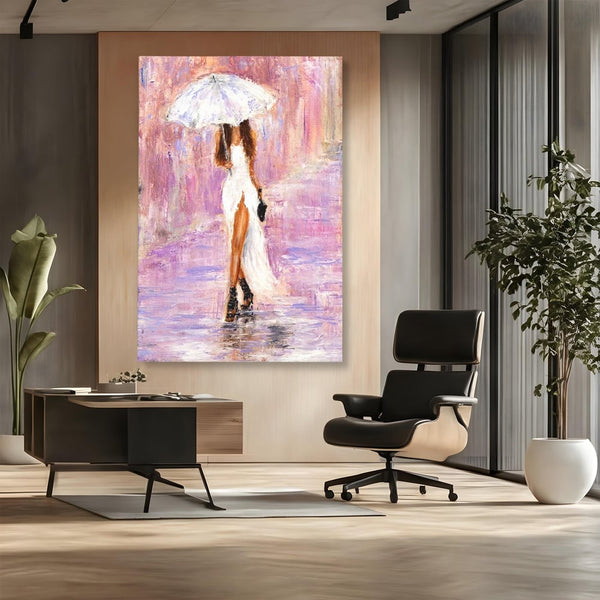 Tablou Canvas Premium LuxCanva® E1046, Femeia cu Umbrela Alba, Feminitate, Rafinament, Solitudine, Ploaie, Umbrela, Living Room, Culori vibrante