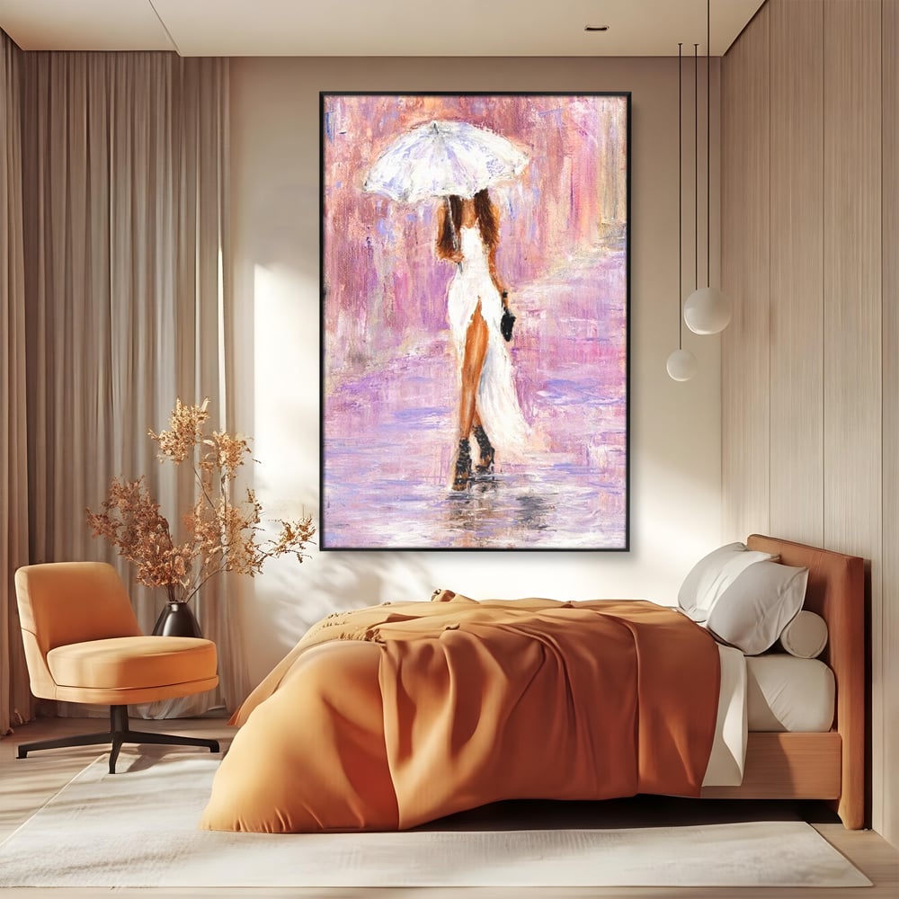Tablou Canvas Premium LuxCanva® E1046, Femeia cu Umbrela Alba, Feminitate, Rafinament, Solitudine, Ploaie, Umbrela, Living Room, Culori vibrante