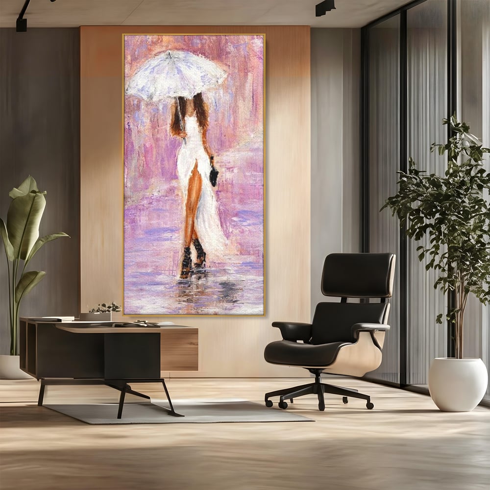 Tablou Canvas Premium LuxCanva® E1046, Femeia cu Umbrela Alba, Feminitate, Rafinament, Solitudine, Ploaie, Umbrela, Living Room, Culori vibrante