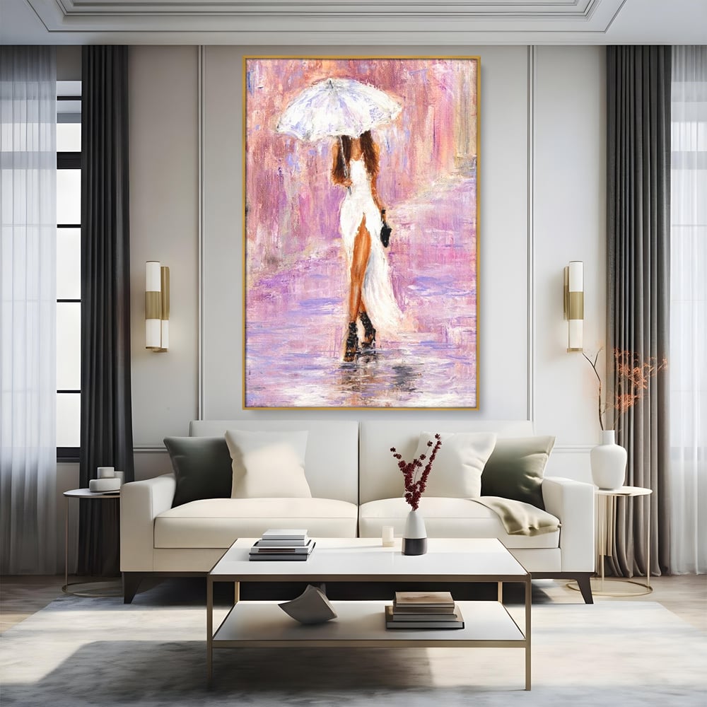 Tablou Canvas Premium LuxCanva® E1046, Femeia cu Umbrela Alba, Feminitate, Rafinament, Solitudine, Ploaie, Umbrela, Living Room, Culori vibrante