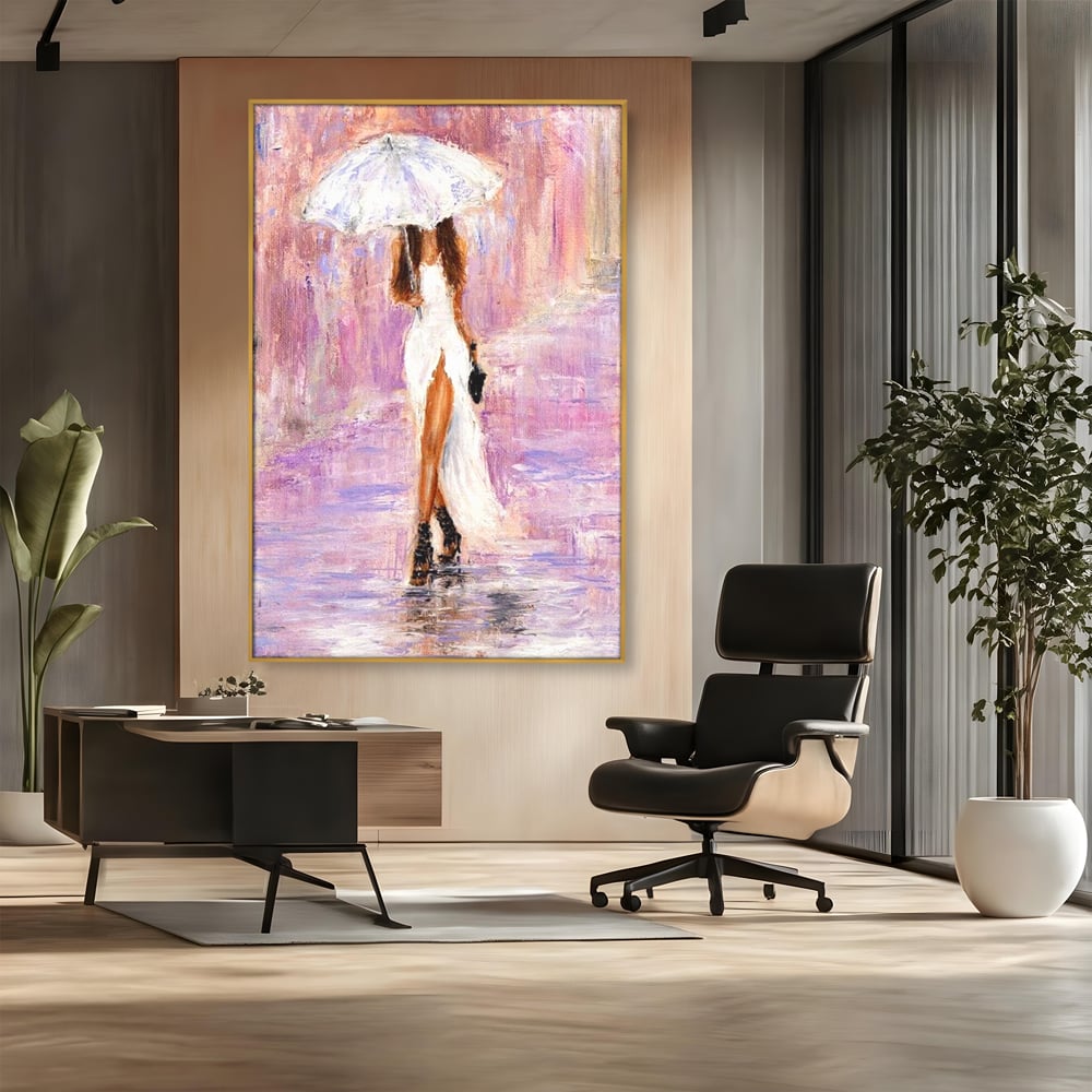 Tablou Canvas Premium LuxCanva® E1046, Femeia cu Umbrela Alba, Feminitate, Rafinament, Solitudine, Ploaie, Umbrela, Living Room, Culori vibrante