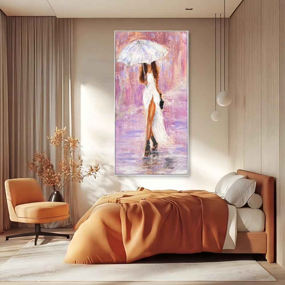 Tablou Canvas Premium LuxCanva® E1046, Femeia cu Umbrela Alba, Feminitate, Rafinament, Solitudine, Ploaie, Umbrela, Living Room, Culori vibrante