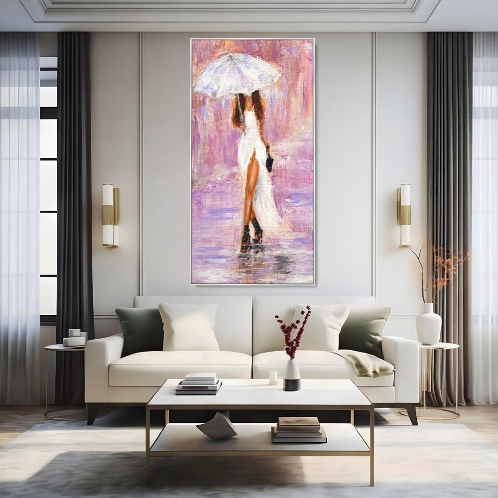 Tablou Canvas Premium LuxCanva® E1046, Femeia cu Umbrela Alba, Feminitate, Rafinament, Solitudine, Ploaie, Umbrela, Living Room, Culori vibrante