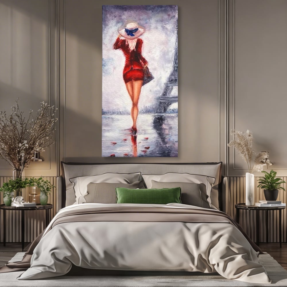 Tablou Canvas Premium LuxCanva® E1047, Rendez-Vous la Turnul, Paris, Strazi, Pasi, Rochie, Parizian, Living Room, Culori vibrante
