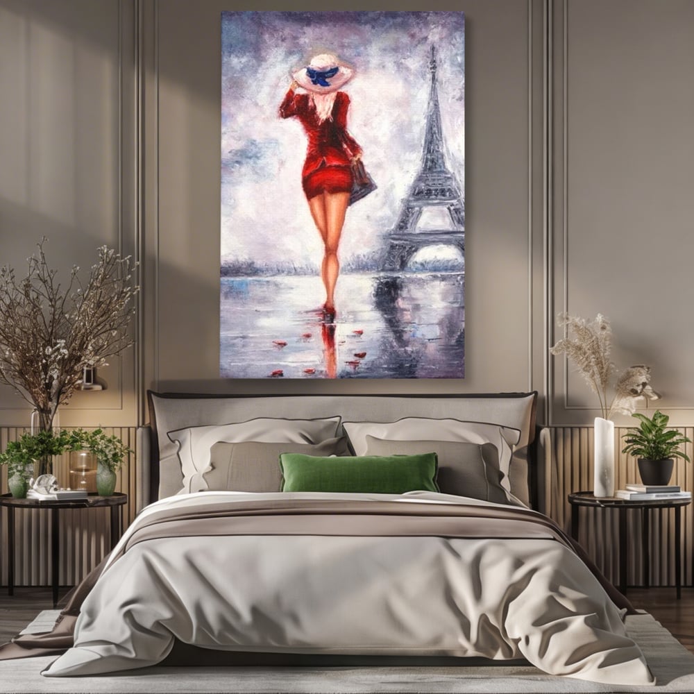 Tablou Canvas Premium LuxCanva® E1047, Rendez-Vous la Turnul, Paris, Strazi, Pasi, Rochie, Parizian, Living Room, Culori vibrante