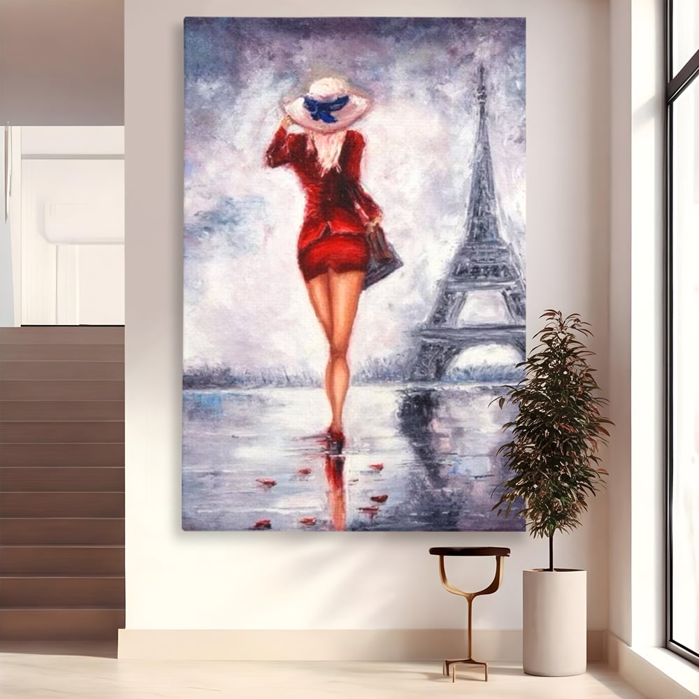 Tablou Canvas Premium LuxCanva® E1047, Rendez-Vous la Turnul, Paris, Strazi, Pasi, Rochie, Parizian, Living Room, Culori vibrante