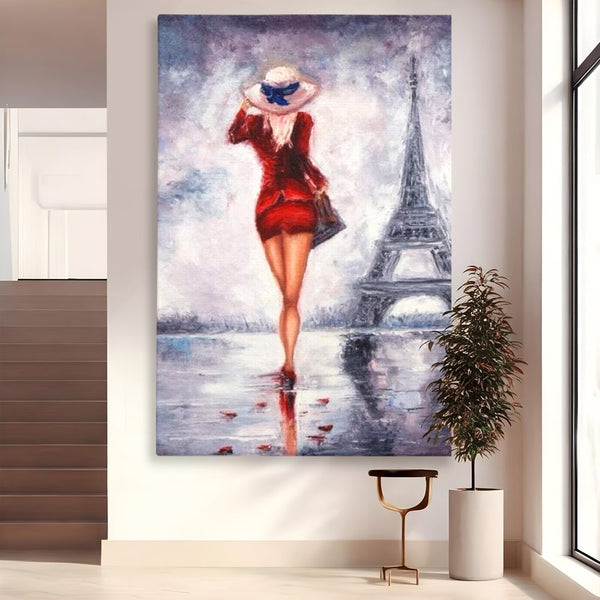Tablou Canvas Premium LuxCanva® E1047, Rendez-Vous la Turnul, Paris, Strazi, Pasi, Rochie, Parizian, Living Room, Culori vibrante