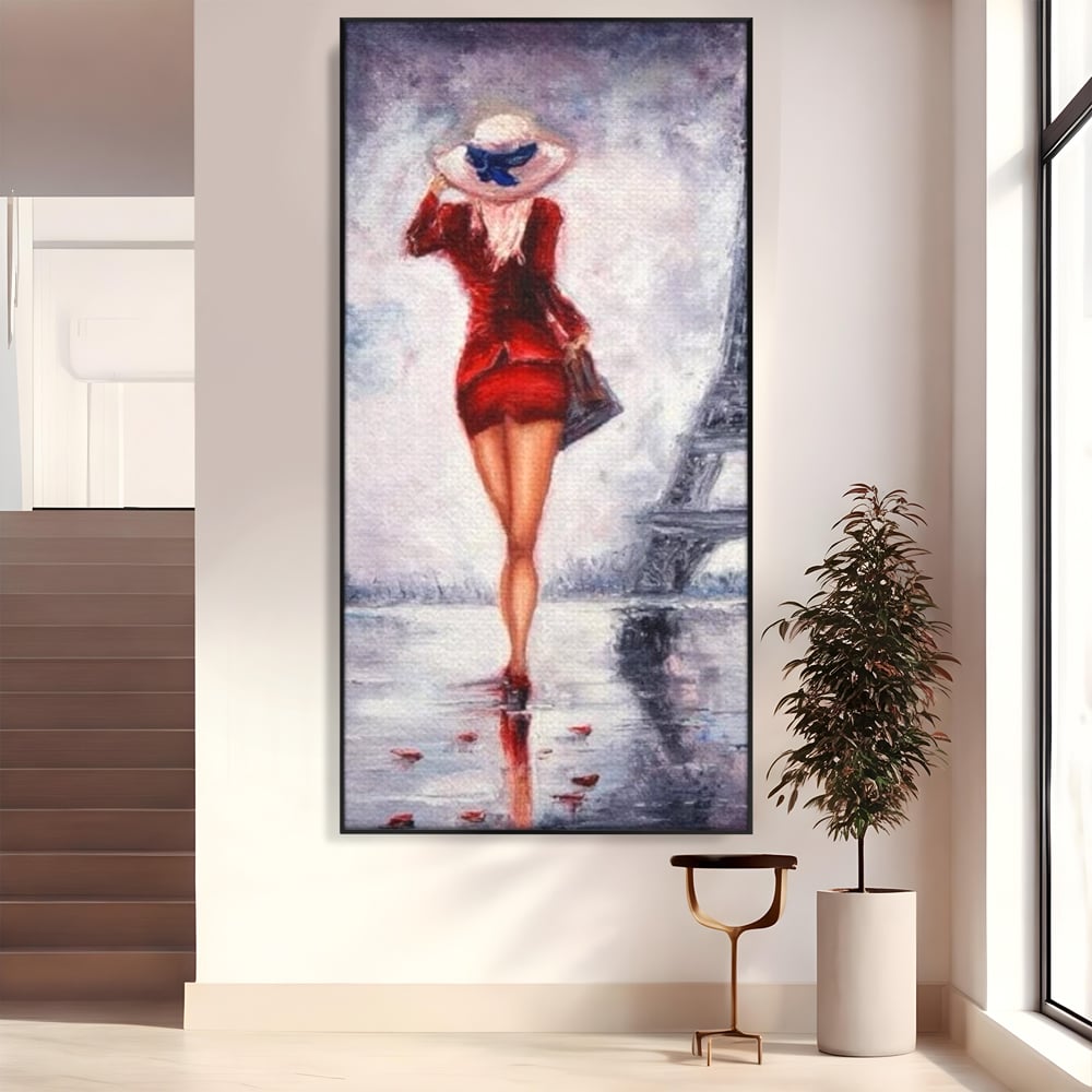 Tablou Canvas Premium LuxCanva® E1047, Rendez-Vous la Turnul, Paris, Strazi, Pasi, Rochie, Parizian, Living Room, Culori vibrante
