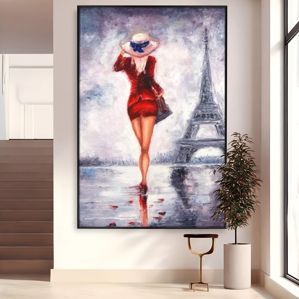 Tablou Canvas Premium LuxCanva® E1047, Rendez-Vous la Turnul, Paris, Strazi, Pasi, Rochie, Parizian, Living Room, Culori vibrante