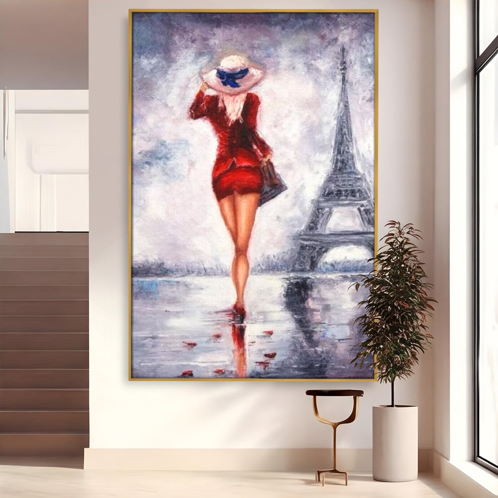 Tablou Canvas Premium LuxCanva® E1047, Rendez-Vous la Turnul, Paris, Strazi, Pasi, Rochie, Parizian, Living Room, Culori vibrante