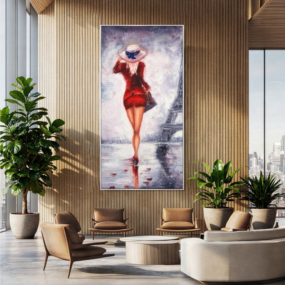 Tablou Canvas Premium LuxCanva® E1047, Rendez-Vous la Turnul, Paris, Strazi, Pasi, Rochie, Parizian, Living Room, Culori vibrante
