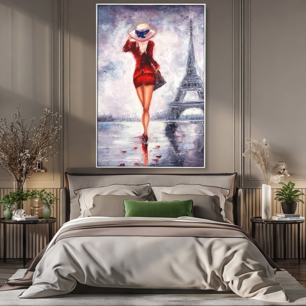 Tablou Canvas Premium LuxCanva® E1047, Rendez-Vous la Turnul, Paris, Strazi, Pasi, Rochie, Parizian, Living Room, Culori vibrante