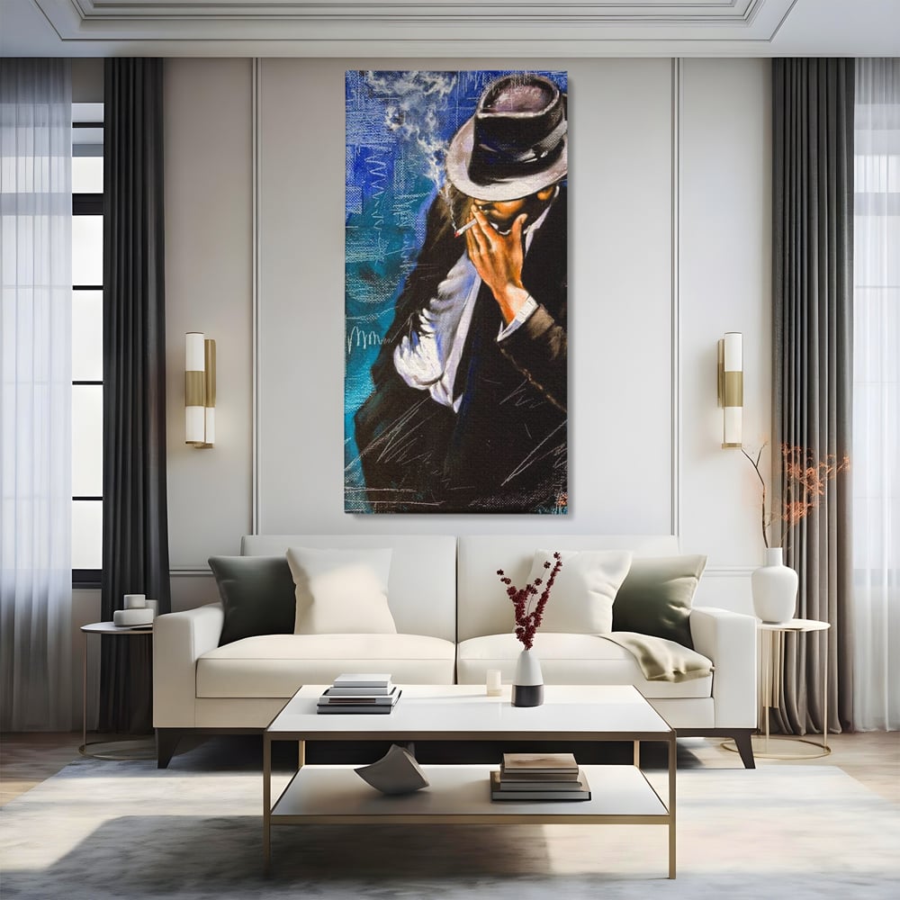 Tablou Canvas Premium LuxCanva® E1049, Barbatul din Umbra, Elegant, Masculinitate, Enigma, Tigara, Intriga, Living Room, Culori vibrante