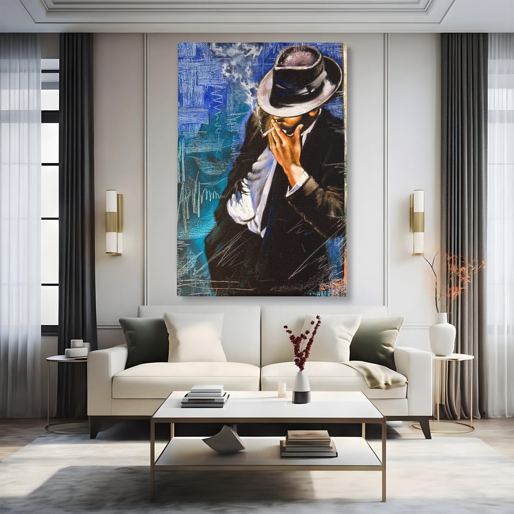 Tablou Canvas Premium LuxCanva® E1049, Barbatul din Umbra, Elegant, Masculinitate, Enigma, Tigara, Intriga, Living Room, Culori vibrante