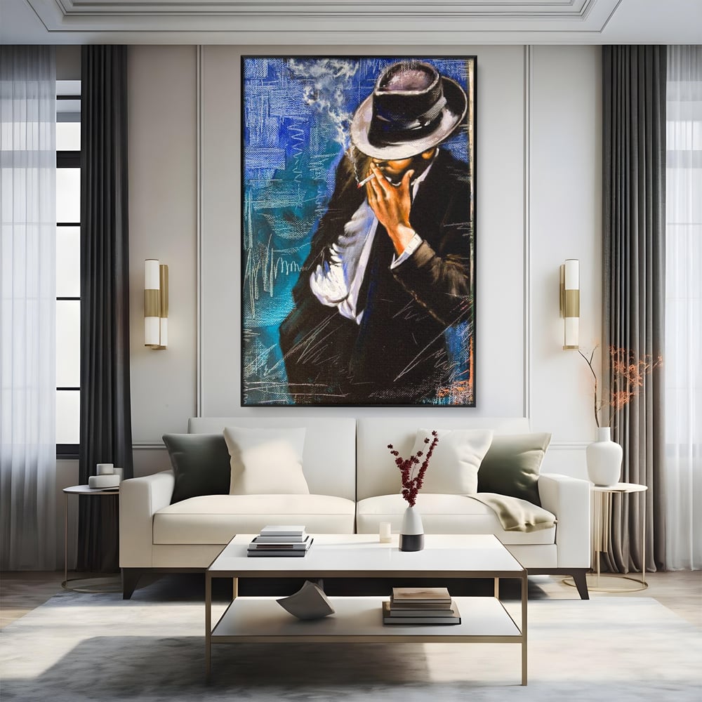 Tablou Canvas Premium LuxCanva® E1049, Barbatul din Umbra, Elegant, Masculinitate, Enigma, Tigara, Intriga, Living Room, Culori vibrante