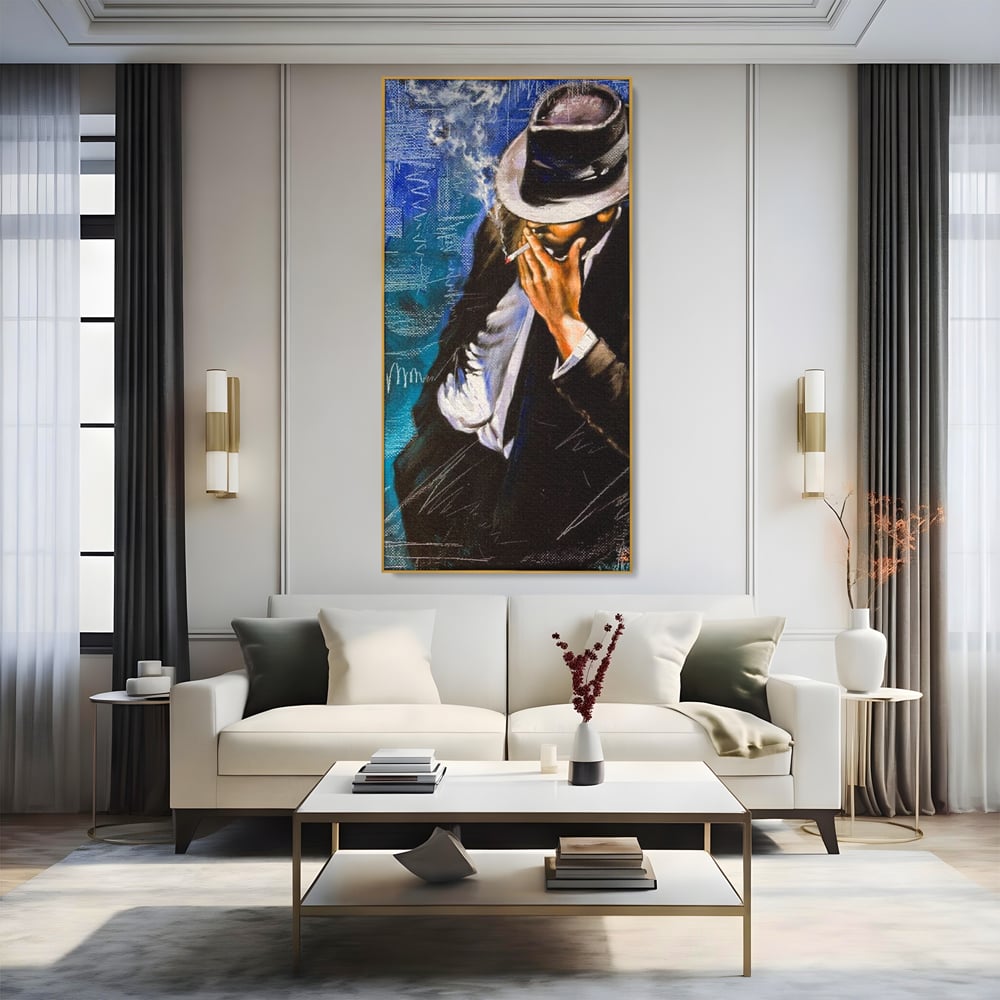 Tablou Canvas Premium LuxCanva® E1049, Barbatul din Umbra, Elegant, Masculinitate, Enigma, Tigara, Intriga, Living Room, Culori vibrante