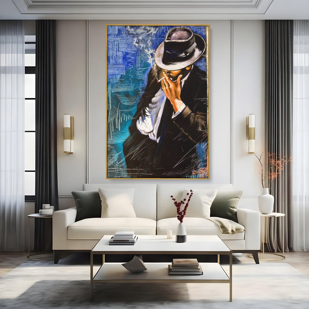 Tablou Canvas Premium LuxCanva® E1049, Barbatul din Umbra, Elegant, Masculinitate, Enigma, Tigara, Intriga, Living Room, Culori vibrante