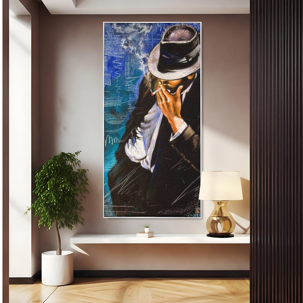 Tablou Canvas Premium LuxCanva® E1049, Barbatul din Umbra, Elegant, Masculinitate, Enigma, Tigara, Intriga, Living Room, Culori vibrante