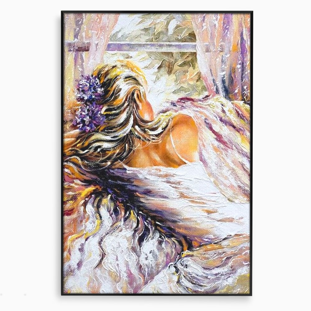Leinwandbilder Premium LuxCanva® E1050, Morgen eines Träumers, Sonnenaufgang, Fenster, Gedanken, Fee, Magie, Wohnzimmer, Lebendige Farben