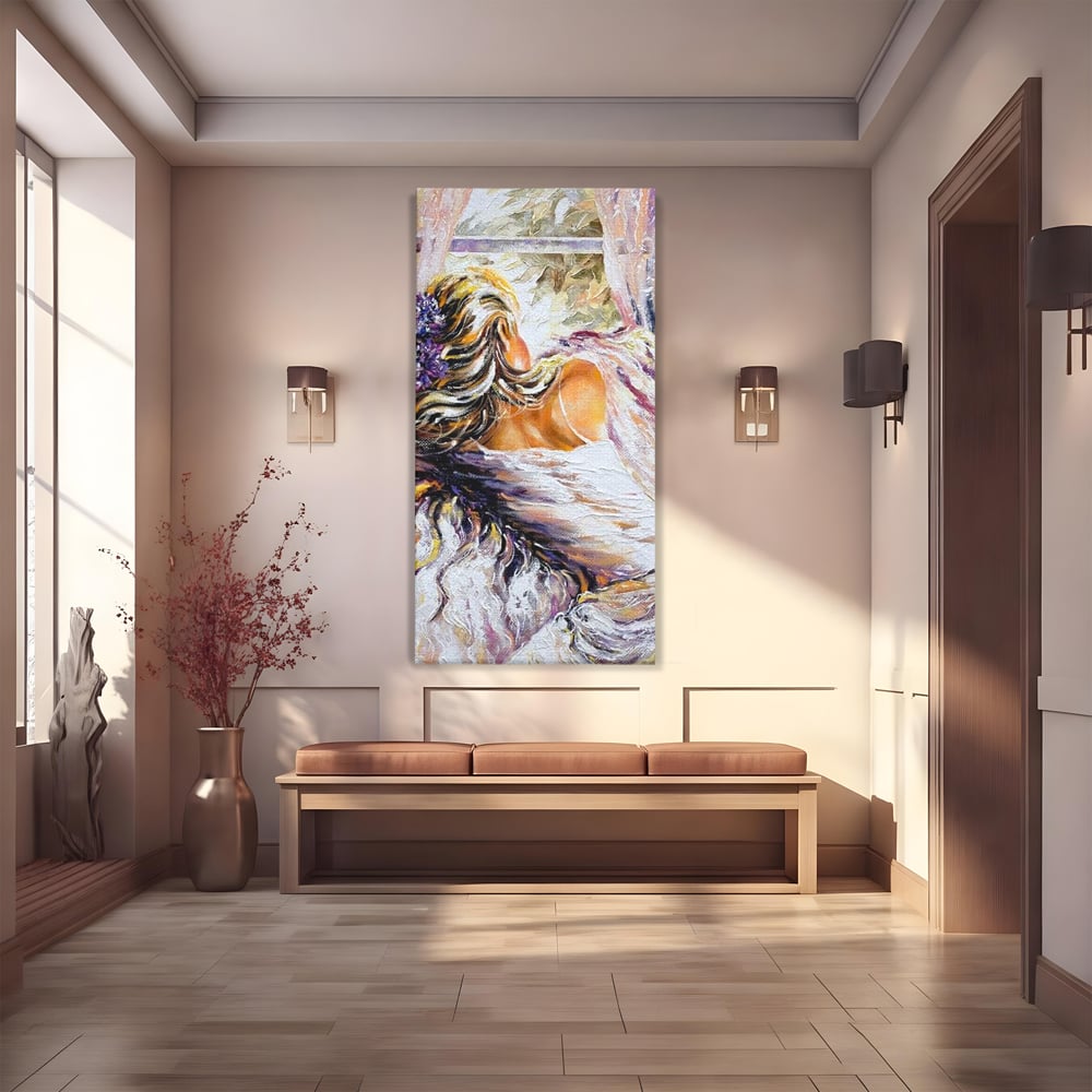 Leinwandbilder Premium LuxCanva® E1050, Morgen eines Träumers, Sonnenaufgang, Fenster, Gedanken, Fee, Magie, Wohnzimmer, Lebendige Farben