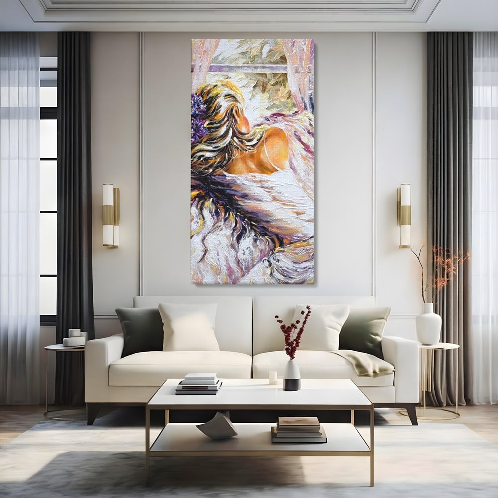 Leinwandbilder Premium LuxCanva® E1050, Morgen eines Träumers, Sonnenaufgang, Fenster, Gedanken, Fee, Magie, Wohnzimmer, Lebendige Farben