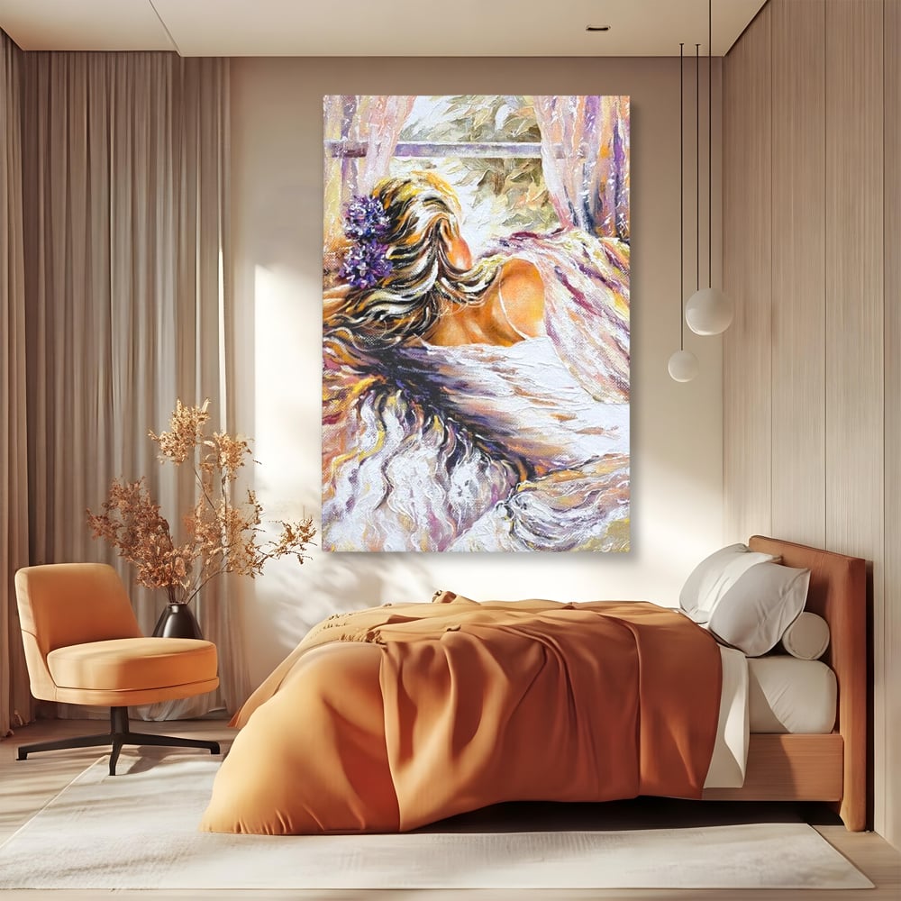Leinwandbilder Premium LuxCanva® E1050, Morgen eines Träumers, Sonnenaufgang, Fenster, Gedanken, Fee, Magie, Wohnzimmer, Lebendige Farben