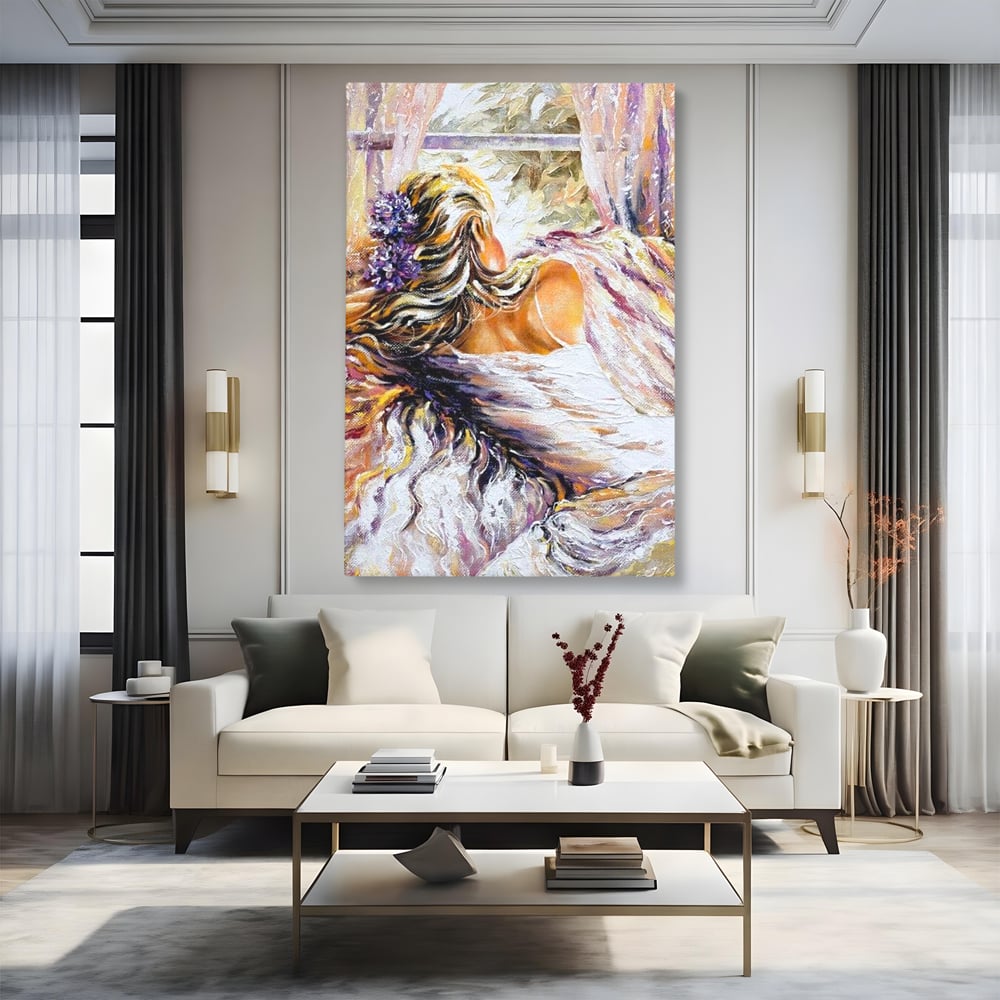 Leinwandbilder Premium LuxCanva® E1050, Morgen eines Träumers, Sonnenaufgang, Fenster, Gedanken, Fee, Magie, Wohnzimmer, Lebendige Farben